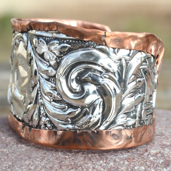 Conceptual Subculture Jewelry - Antique Sterling Silver Rustic Copper Cuff Forged